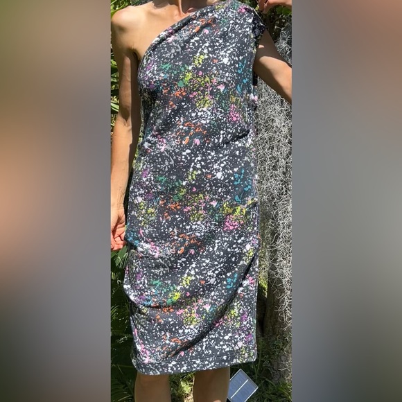 Rachel Roy Women One Shoulder Midi Dress Black w Color Splashes (M) - Picture 3 of 13